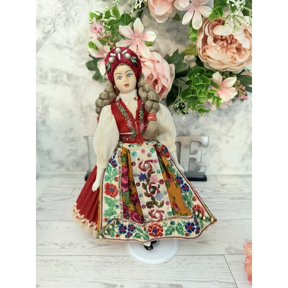 Vintage Folk Ethnic Female Doll Handmade Beaded Clothes Hat Braided Hair 10